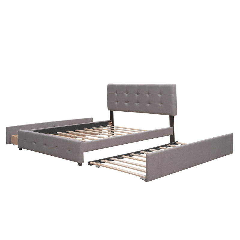 Upholstered Platform Bed with 2 Drawers and 1 Twin XL Trundle,  Linen Fabric, Queen Size - Light Gray(OLD SKU :LP000314AAN)