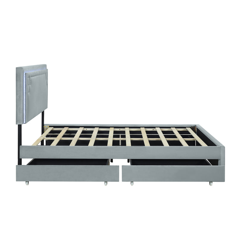 Queen Size Upholstered Platform Bed with Rivet-decorated Headboard, LED bed frame and 4 Drawers, Gray