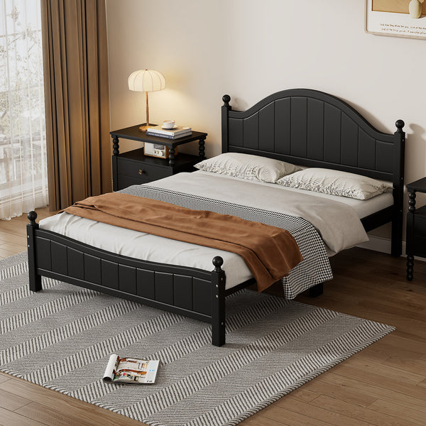 Traditional Concise Style Black Solid Wood Platform Bed, No Need Box Spring, Queen