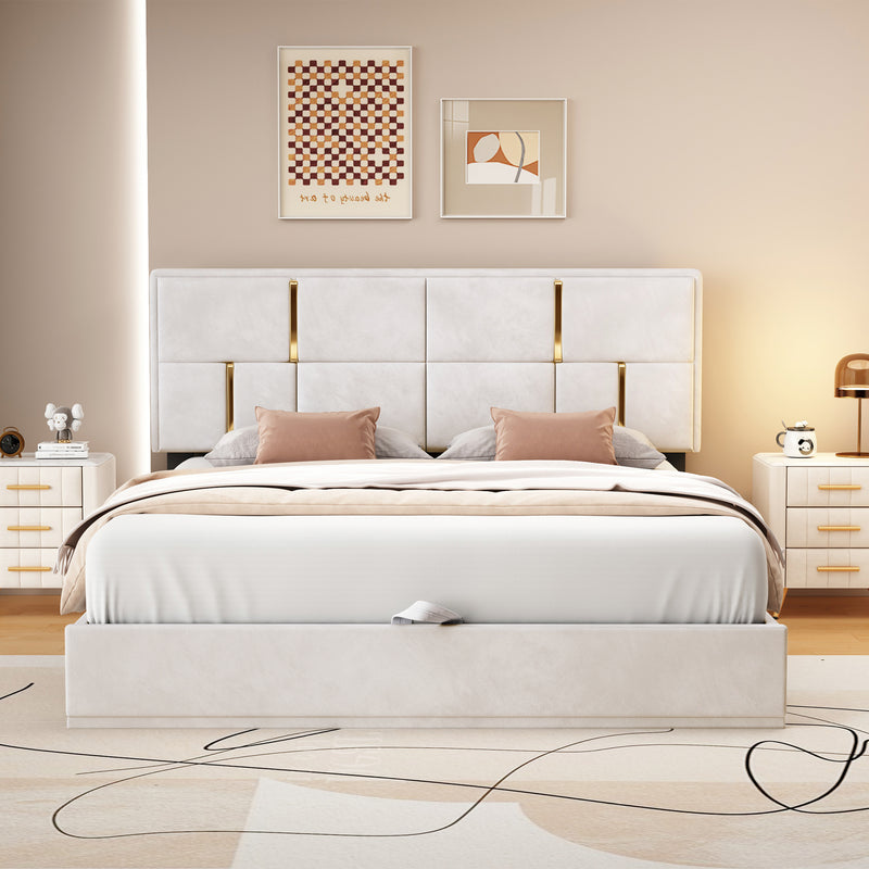 Queen Size Upholstered Platform Bed with Hydraulic Storage System,No Box Spring Needed,Beige