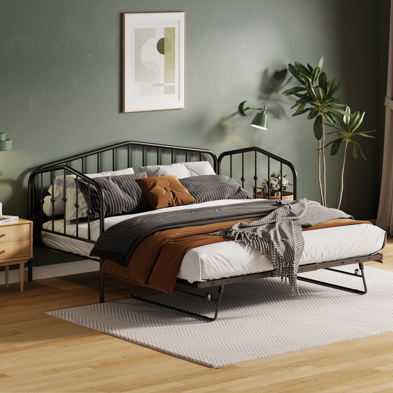 Twin Size Stylish Metal Daybed with Twin Size Adjustable Trundle, Portable Folding Trundle, Black