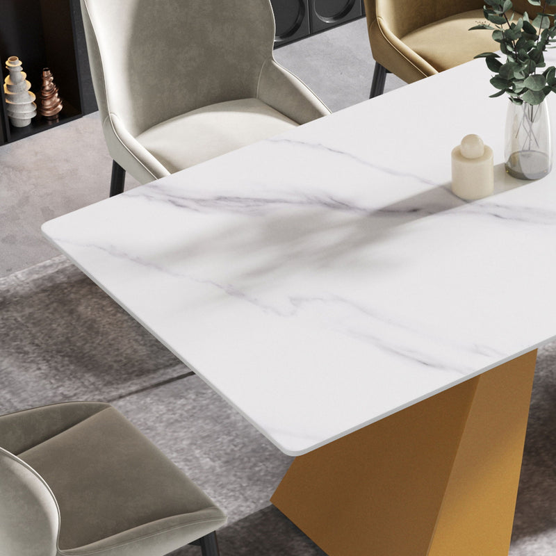 63" Modern Artificial Stone Straight Edge Golden Metal Leg Dining Table - White / Gold