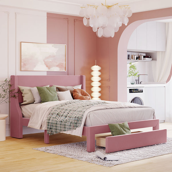 Queen Size Storage Bed Velvet Upholstered Platform Bed with a Big Drawer - Pink