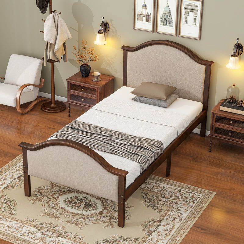 Twin Bed with Upholstered Headboard and Footboard, with Slats,Walnut