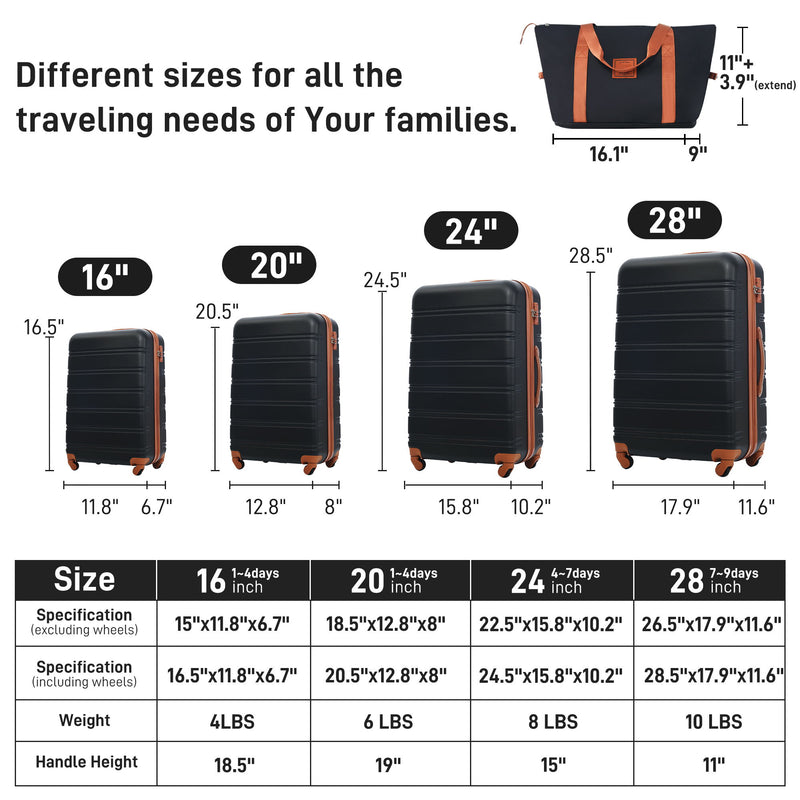 Hardshell Luggage Sets 4 Pieces + Bag Spinner Suitcase With Tsa Lock Lightweight - 16" / 20" / 24" / 28" Luggages