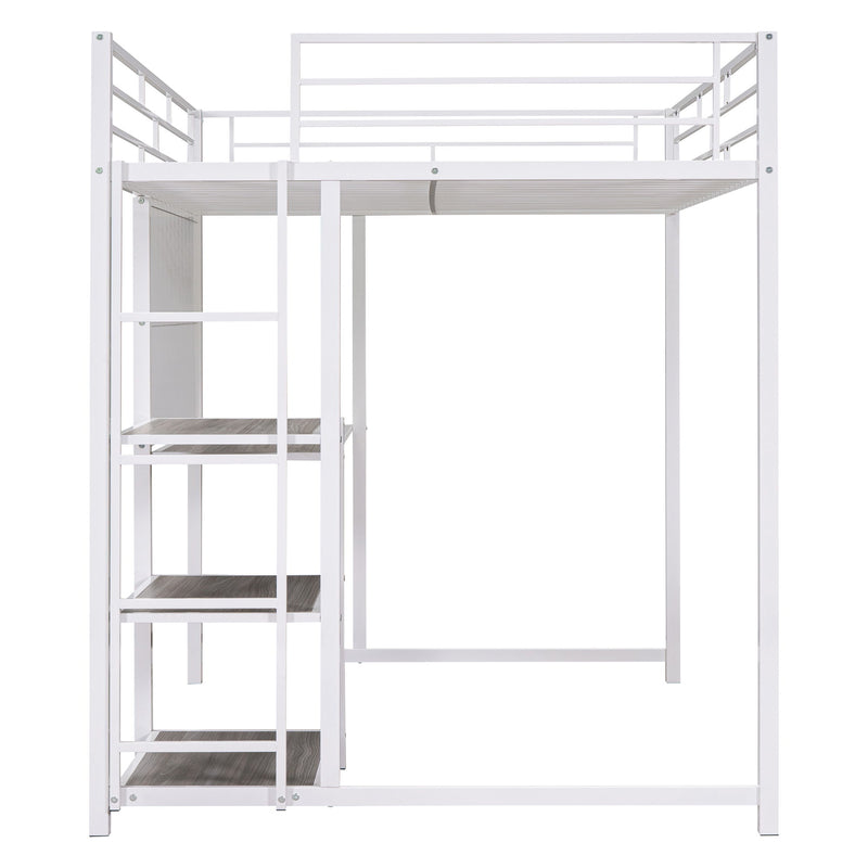 Loft Bed With Desk And Whiteboard, Metal Loft Bed With 3 Shelves And Ladder