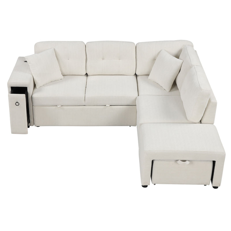 Sectional Sofa L-Shaped Sofa Couch Pull-Out Sofa Bed With A Movable Ottoman, Two USB Ports And Two Cup Holders For Living Room