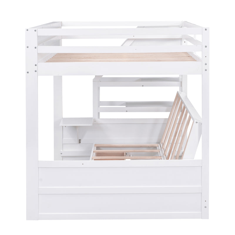 Wood Full Size Convertible Bunk Bed with Storage Staircase, Bedside Table, and 3 Drawers, White