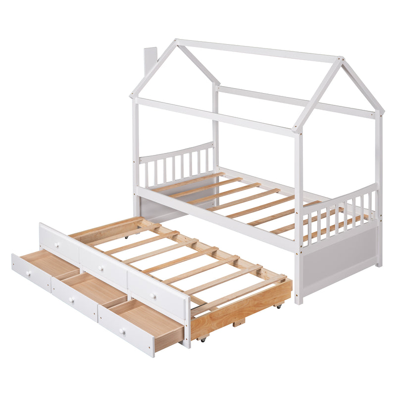 Twin size Wooden House Bed with Trundle and 3 Storage Drawers-White