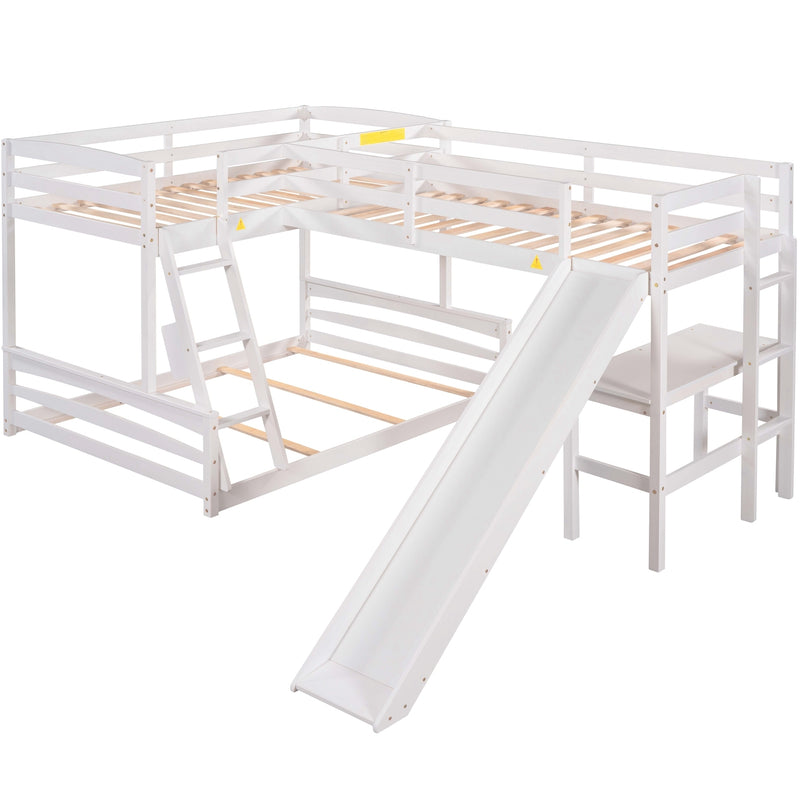 Twin over Full Bunk Bed with Twin Size Loft Bed with Desk and Slide,Full-Length Guardrail, White