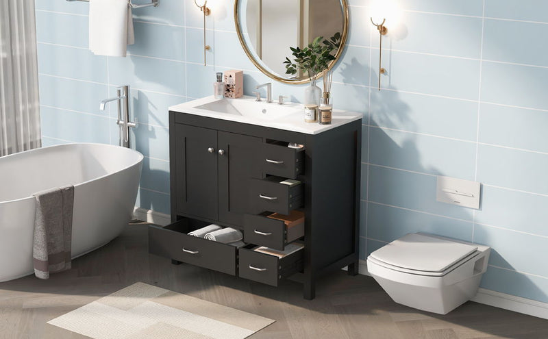 Bathroom Vanity With Ceramic Sink Combo, Abundant Storage Cabinet -2 Soft-Close Doors And 5 Drawers