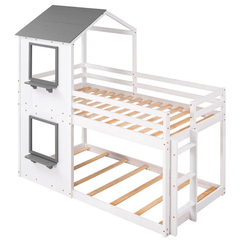 Twin Over Twin Bunk Bed Wood Bed with Roof, Window, Guardrail, Ladder (White)(OLD SKU :LP000056AAK)