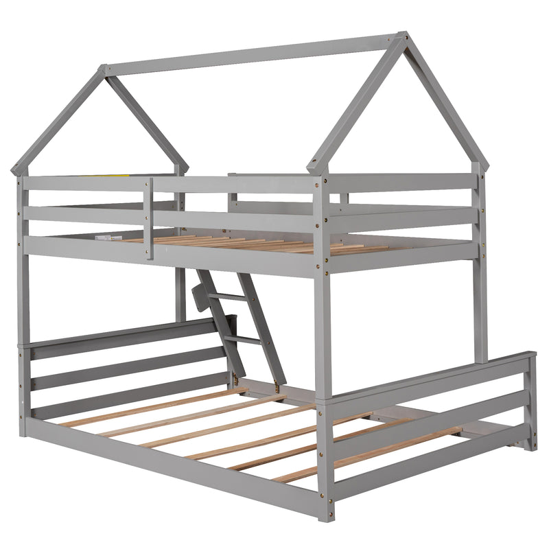 Twin over Full House Bunk Bed with Built-in Ladder,Gray