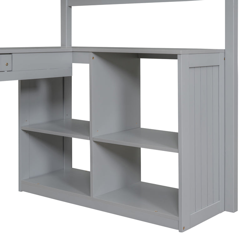 Twin size Loft Bed with Drawers, Cabinet, Shelves and Desk, Wooden Loft Bed with Desk - Gray(OLD SKU :LT000505AAE)