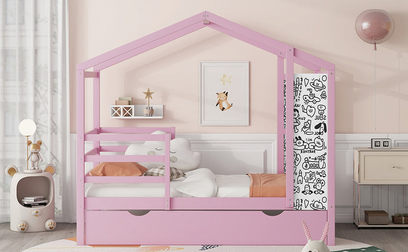 Twin Size Wood House Bed with Fence and Writing Board,Pink