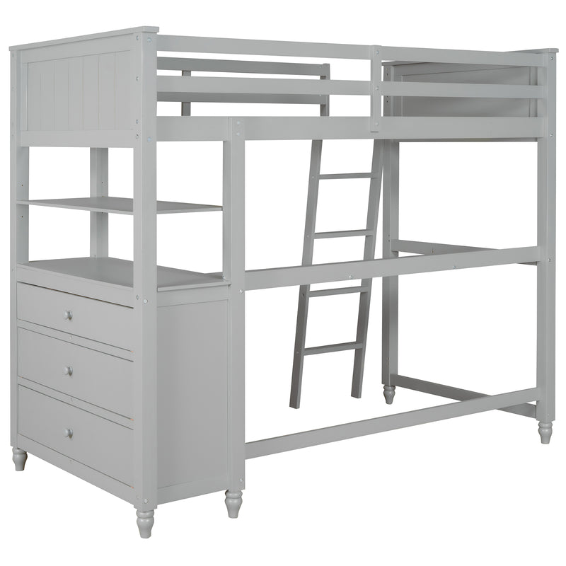 Twin size Loft Bed with Drawers and Desk, Wooden Loft Bed with Shelves - Gray(OLD SKU: LT001530AAE)