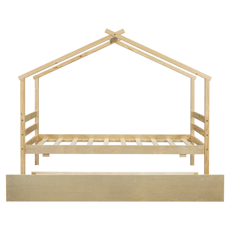 Twin Size  House-shaped Bed with Trundle,Natural