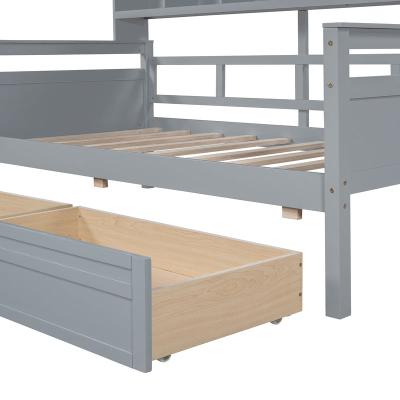 Twin size Daybed, Wood Slat Support, with Bedside Shelves and Two Drawers, Gray