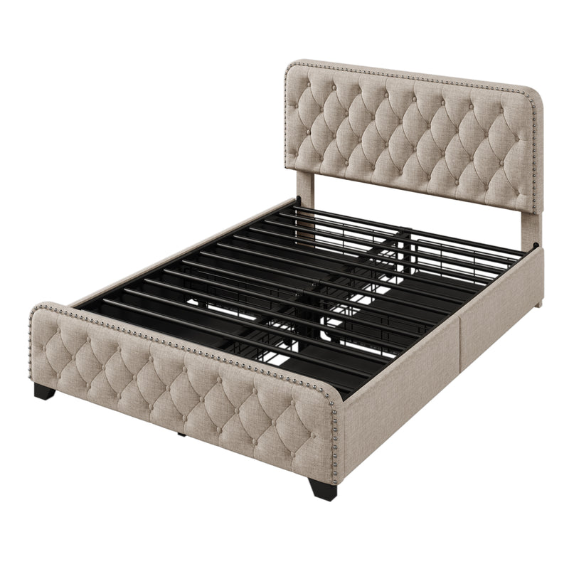 Upholstered Platform Bed Frame with Four Drawers, Button Tufted Headboard and Footboard Sturdy Metal Support, No Box Spring Required, Beige, Full (Old sku:BS300281AAA)