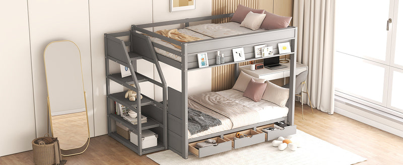 Wood Full Size Convertible Bunk Bed with Storage Staircase, Bedside Table, and 3 Drawers, Gray