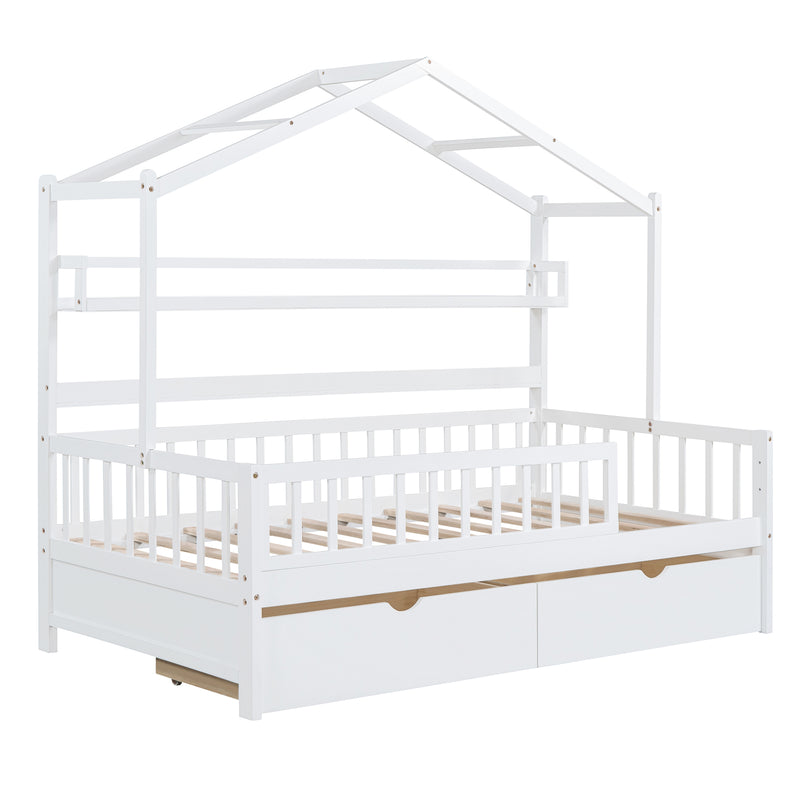 Wooden Twin Size House Bed with 2 Drawers,Kids Bed with Storage Shelf, White