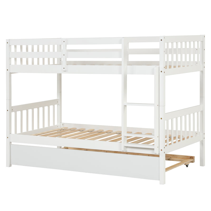 Twin Over Twin Bunk Beds with Trundle, Solid Wood Trundle Bed Frame with Safety Rail and Ladder, Kids/Teens Bedroom, Guest Room Furniture, Can Be converted into 2 Beds, White (Old Sku:W504S00028)