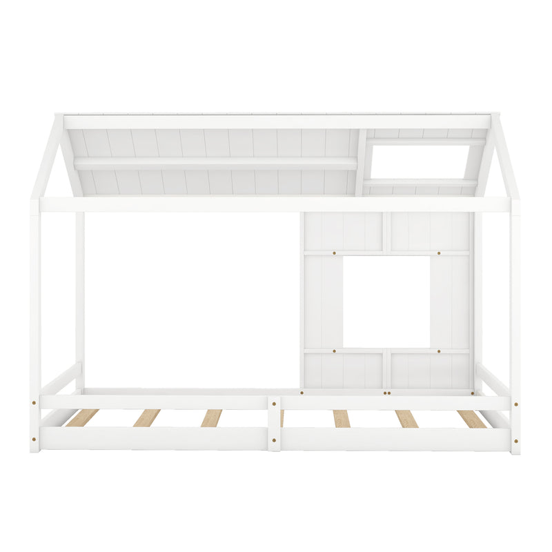 Twin Size House Bed with Roof and Window - White