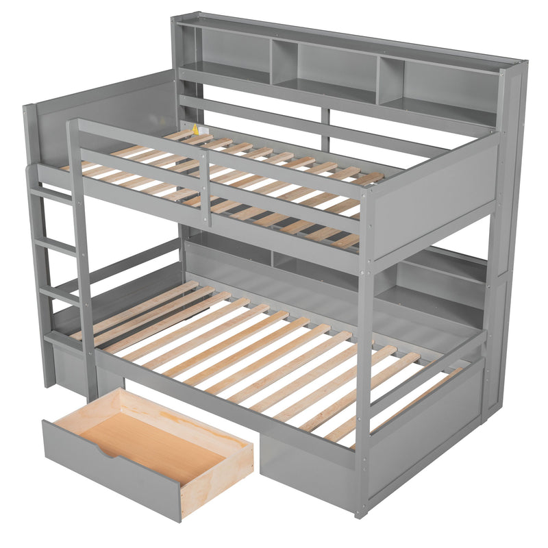 Twin Size Bunk Bed With Built-In Shelves Beside Both Upper And Down Bed And Storage Drawer