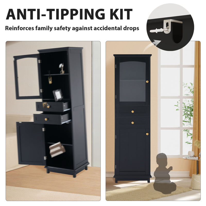 Tall Bathroom Storage Cabinet With Glass Doors, Free-Standing, Two Drawers, And Adjustable Shelves, MDF Board, Painted Perfect For Displaying Your Favorite Items