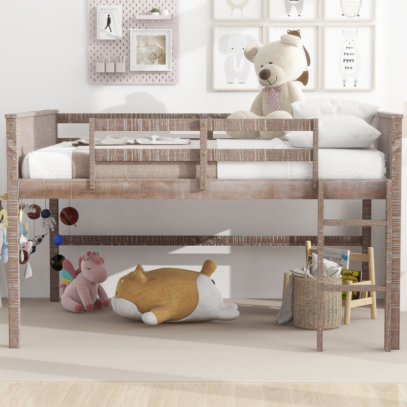 Wood Full Size Loft Bed with Hanging Clothes Racks, White Rustic Natural