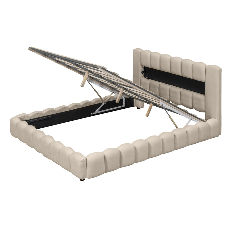 Queen Size Upholstered Platform Bed with LED Headboard and USB, Beige