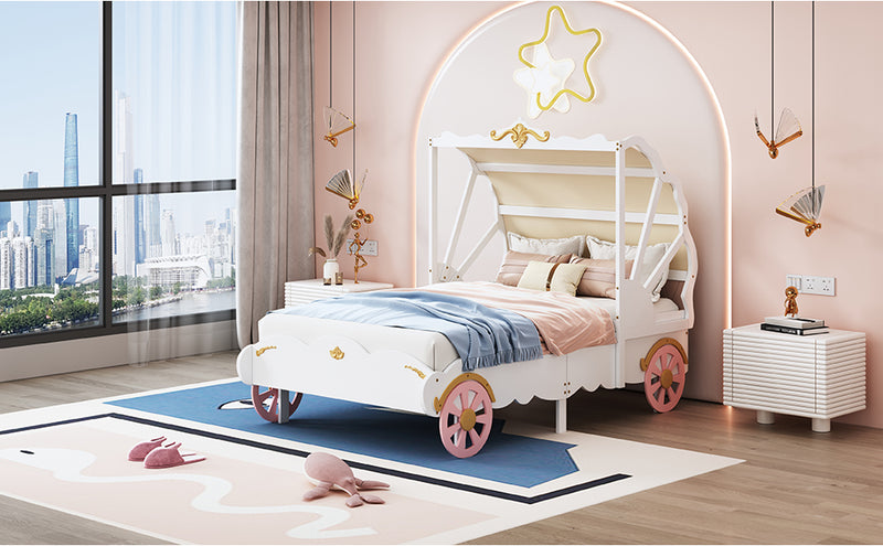 Twin Size Princess Carriage Bed with Canopy, Wood Platform Car Bed with 3D Carving Pattern, White+Pink+Gold