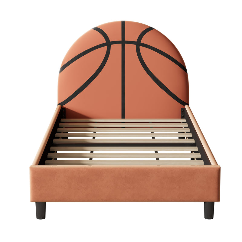 Basketball Design Upholstered Twin Platform Bed Sport Style Bed for Boys & Girls, Teens, Orange