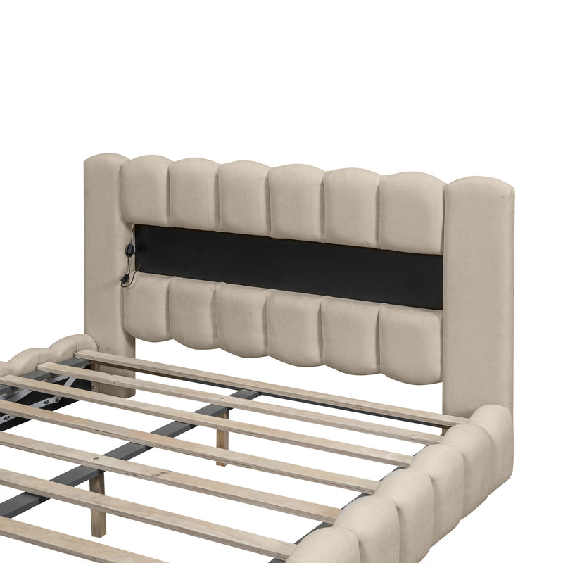 Queen Size Upholstered Platform Bed with LED Headboard and USB, Beige