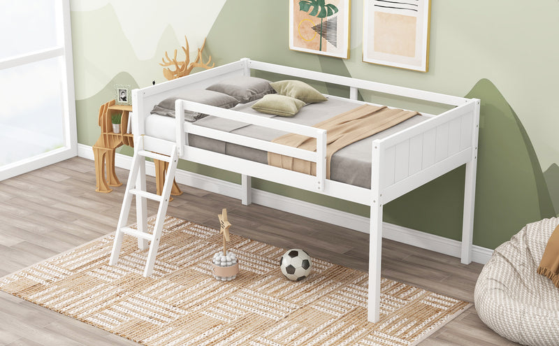 Twin Size Wood Loft Bed with Ladder, ladder can be placed on the left or right, White