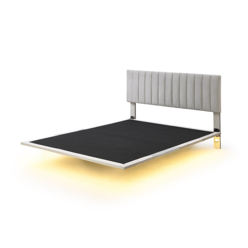 Queen Size Upholstered Bed with Sensor Light and Headboard, Floating Velvet Platform Bed, Gray