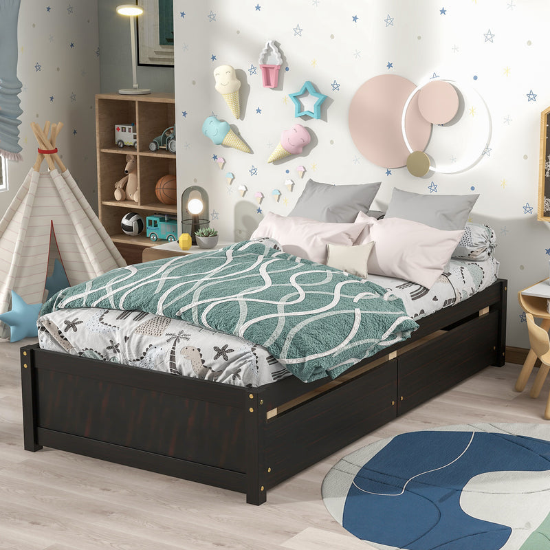 Twin Bed with 2 Drawers, Solid Wood, No Box Spring Needed ,Espresso(New SKU:W504P149043)