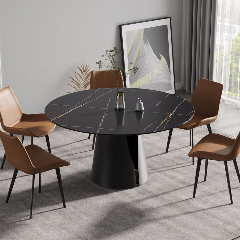 Modern Artificial Stone Round Carbon Steel Base Dining Table, Can Accommodate 6 People - Black / Gold