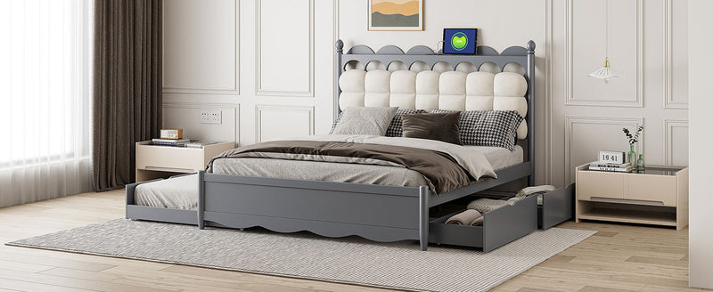 Storage Platform Bed, With 2 Big Drawers, Trundle, One Set Of Sockets & USB Ports