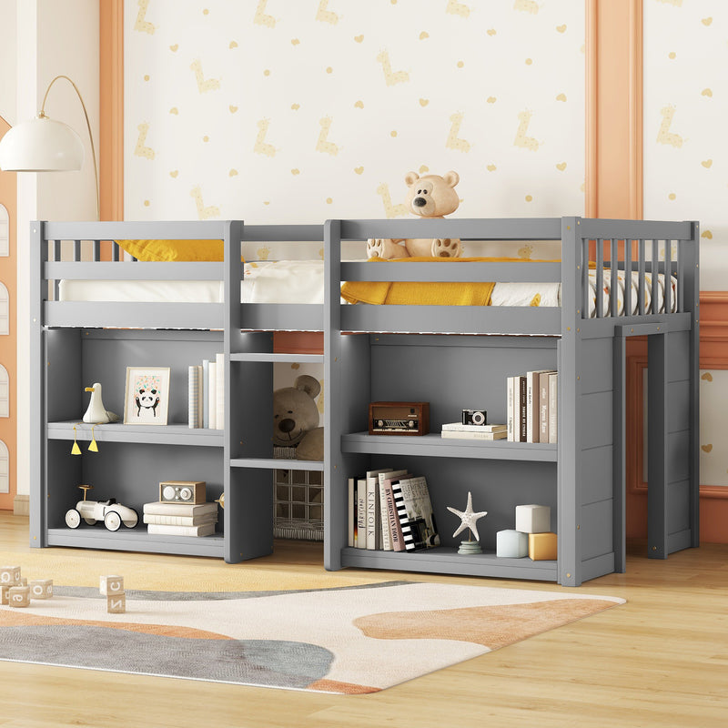 Twin Size Kid Low Loft Bed With Two-Tier Shelves And LED Light For Grey Color