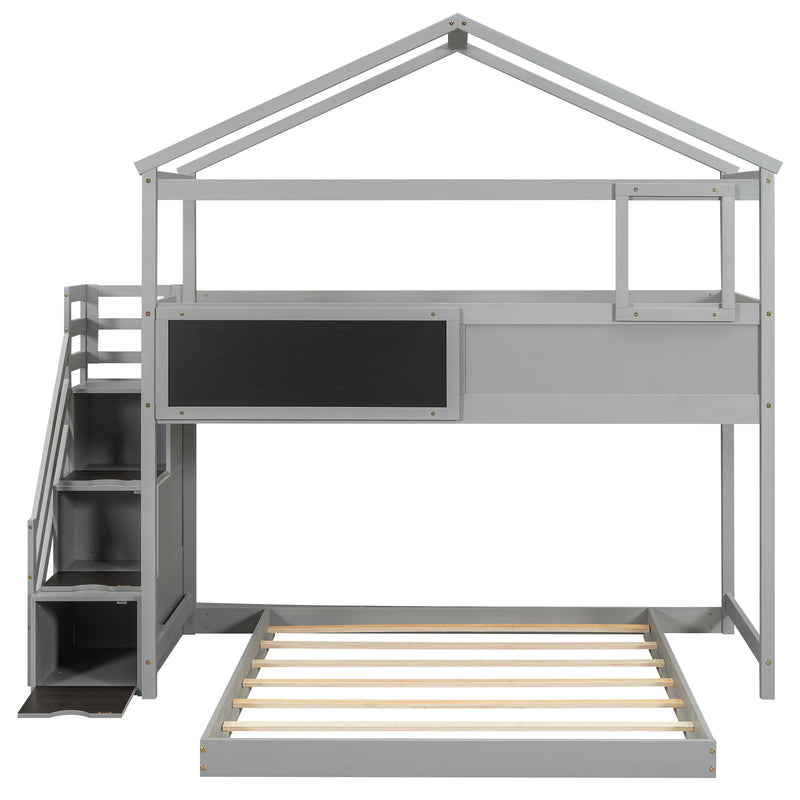 Twin over Full House Bunk Bed with Storage Staircase and Blackboard,Gray(Old SKU: GX001701AAE)