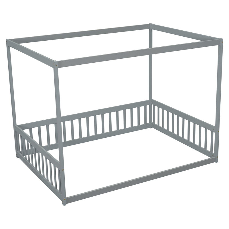 Canopy Frame Floor Bed With Fence, Guardrails