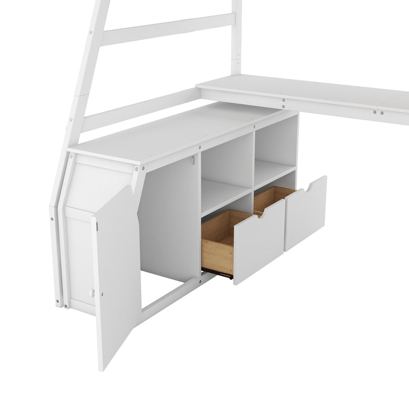 Twin Size Loft Bed with 7 Drawers 2 Shelves and Desk - White