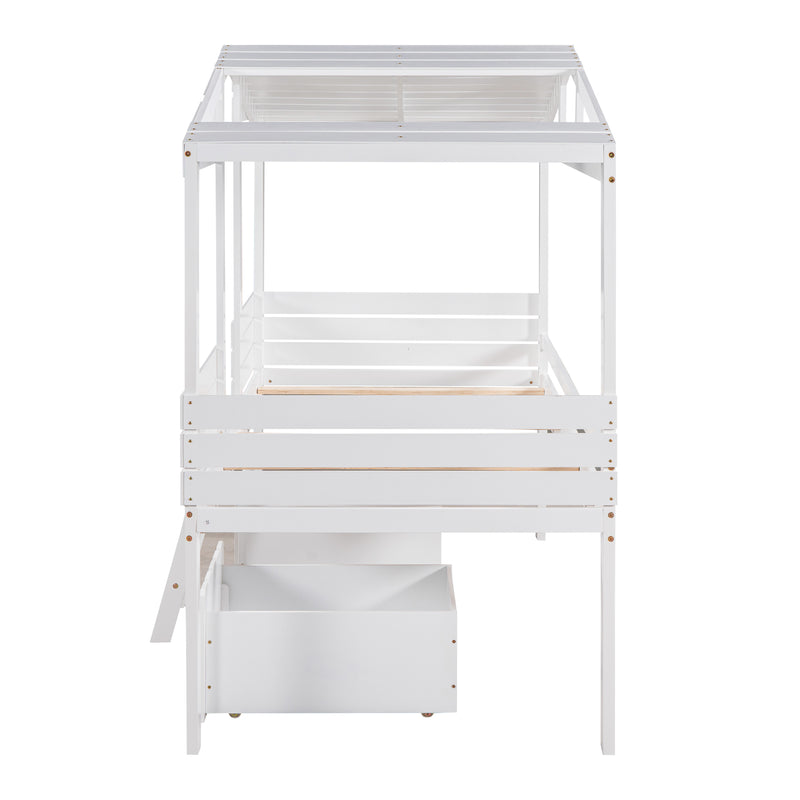 Twin Size Low Loft Wood House Bed with Two Drawers, White