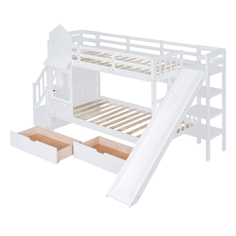 Twin-Over-Twin Castle Style Bunk Bed with 2 Drawers 3 Shelves and Slide - White