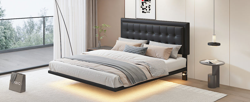 Queen Size Floating Bed Frame with Motion Activated Night Lights,Modern PU Upholstered Button Tufted Platform Bed Frame,Black