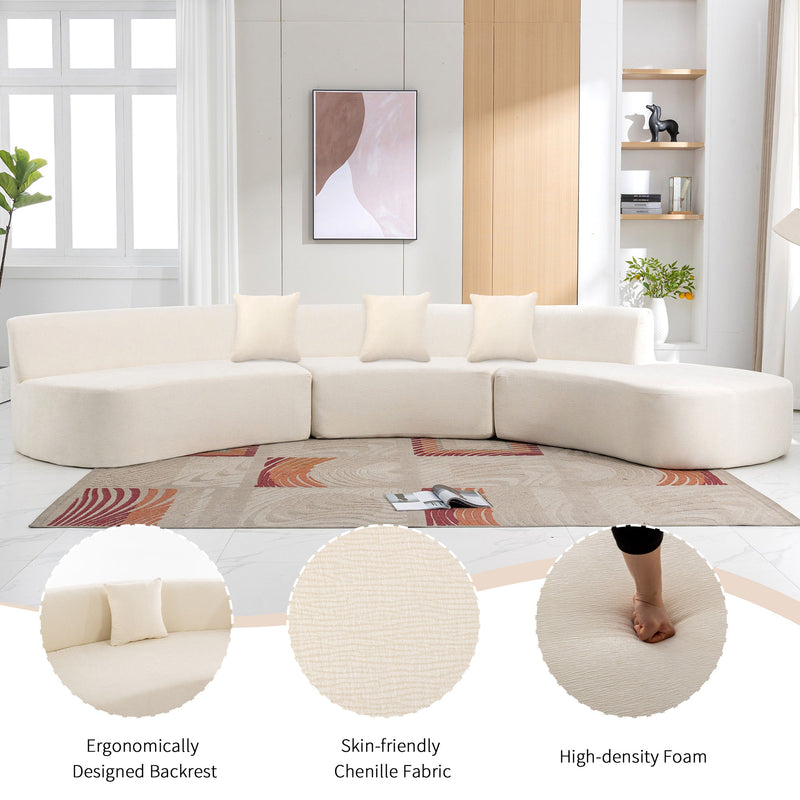 Stylish Curved Sofa Sectional Sofa Chenille Sofa Couch With Three Throw Pillows For Living Room