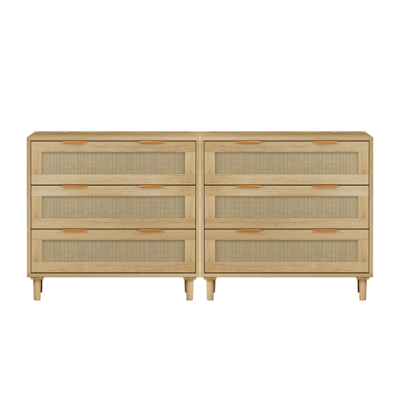 3 Drawers Rattan Storage Cabinet Rattan Drawer, For Bedroom, Living Room, Dining Room, Hallways (Set of 2) - Oak