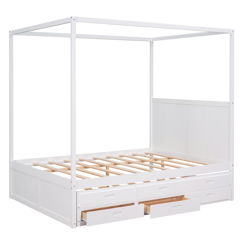 Queen Size Canopy Platform Bed with Twin Size Trundle and Three Storage Drawers,White