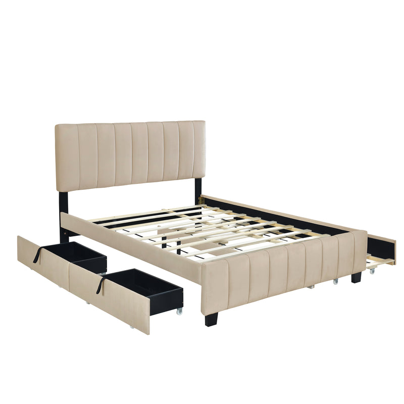 Queen Size Velvet Upholstered Platform Bed with 2 Drawers and 1 Twin XL Trundle- Beige